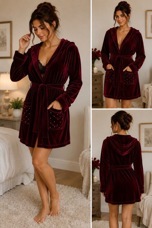 Other - Vintage Newport News XL Burgundy Velvet Hooded Robe Rhinestone Pockets Y2K